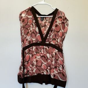 Rue‎ 21 Baby Doll Sheer Top Womens XL Circle Geometric Brown Y2K Retro Tie Waist
